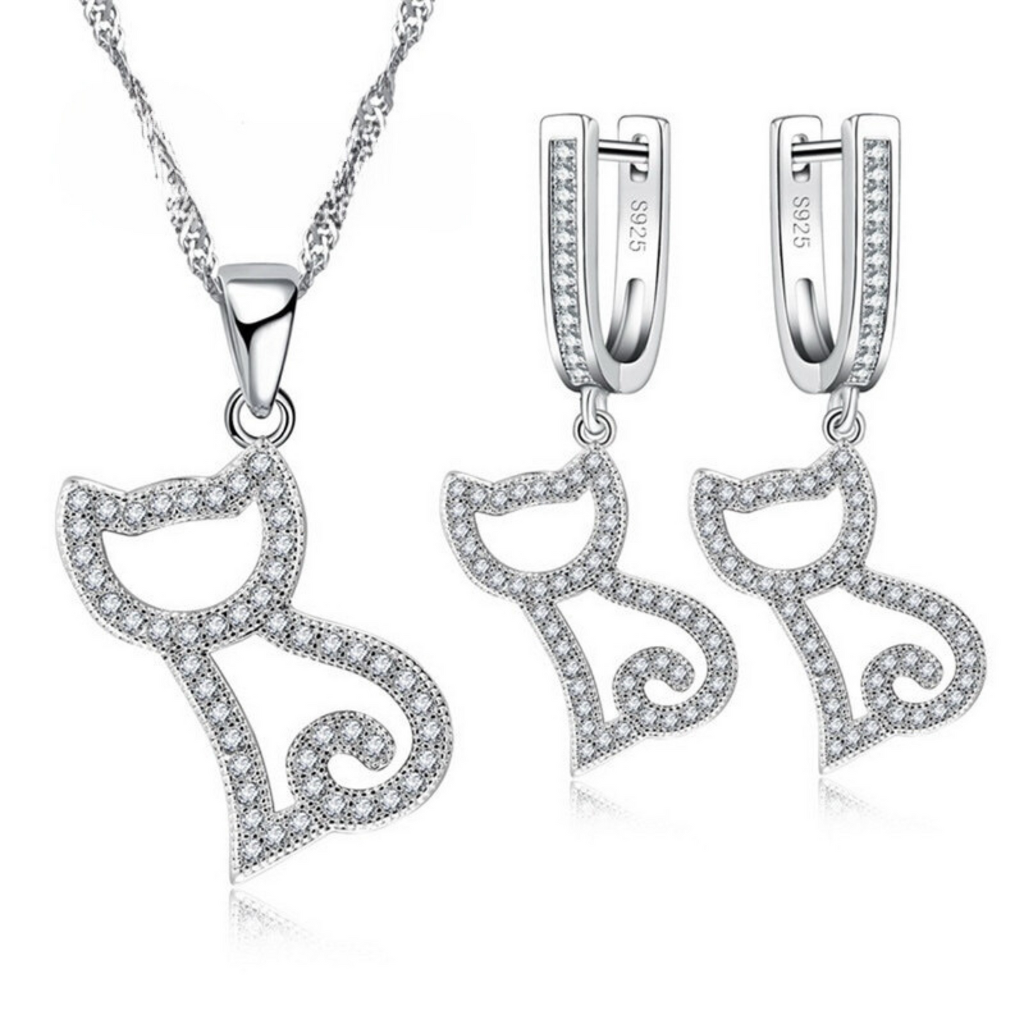 Loja KIONI - Conjunto Felícia - Gatinho em Prata e Zircônias