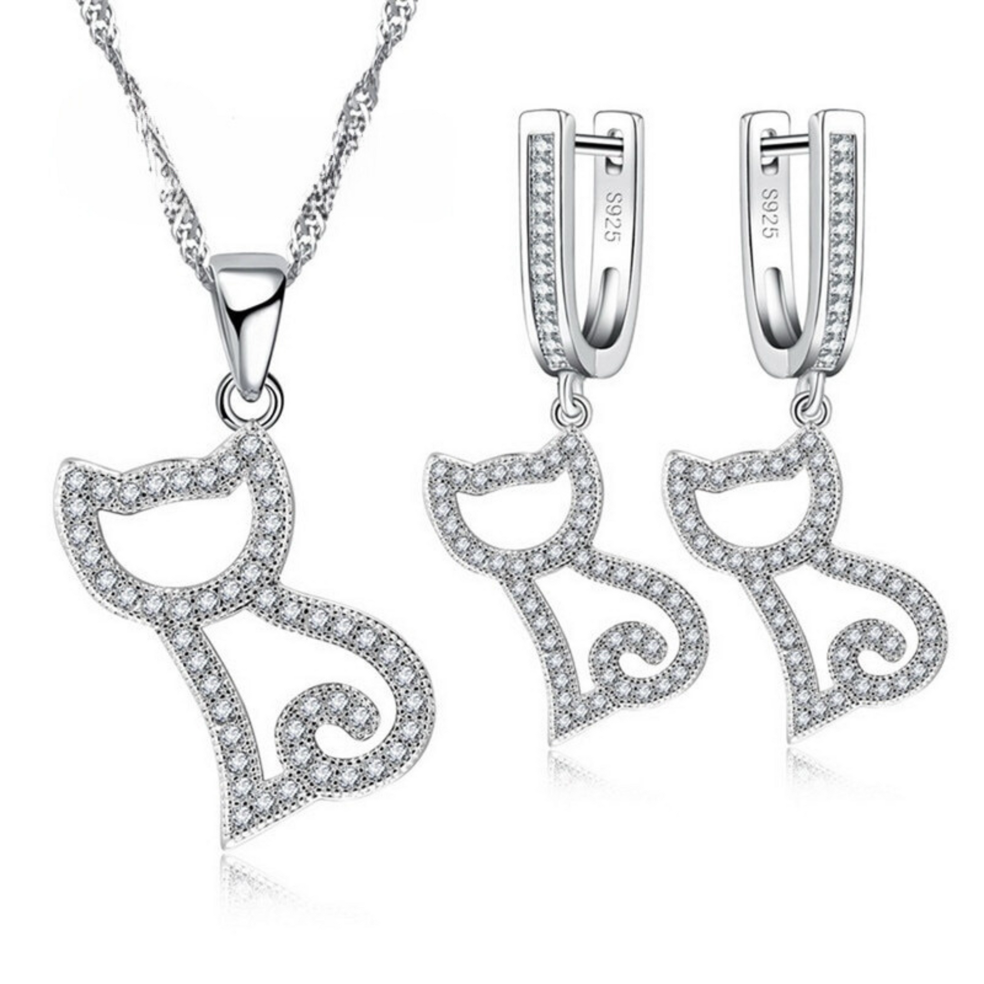 Loja KIONI - Conjunto Felícia - Gatinho em Prata e Zircônias