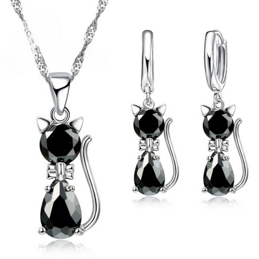 Loja KIONI - Conjunto Sabrina - Gatinho em Prata e Zircônia